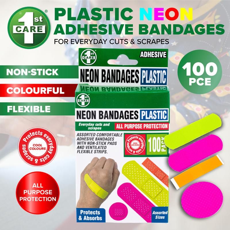 100 Pack Assorted Sized Neon Adhesive Bandages