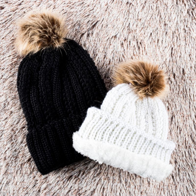 Womens Heat Control Thermal Lined Pom Pom Chunky Ribbed Knit Beanie