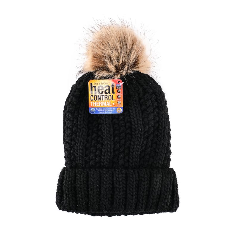 Womens Heat Control Thermal Lined Pom Pom Chunky Ribbed Knit Beanie