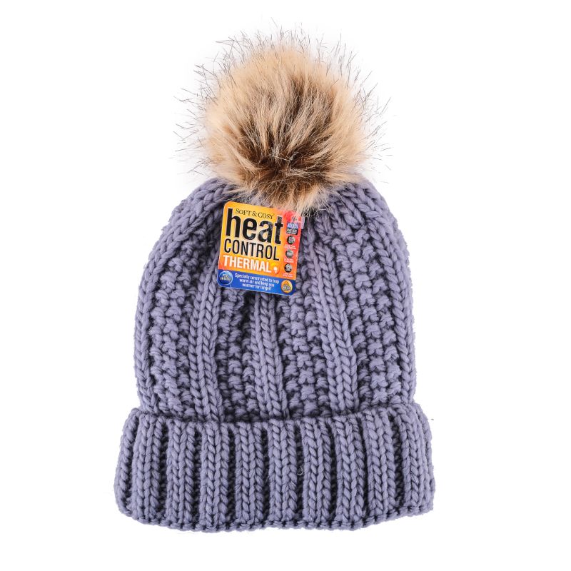 Womens Heat Control Thermal Lined Pom Pom Chunky Ribbed Knit Beanie