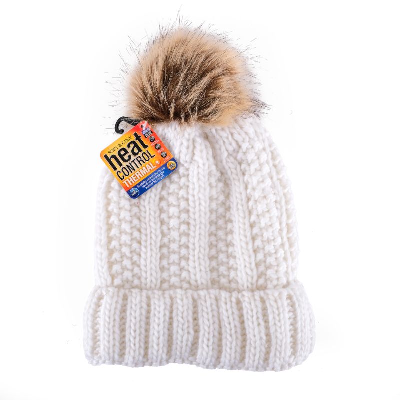 Womens Heat Control Thermal Lined Pom Pom Chunky Ribbed Knit Beanie