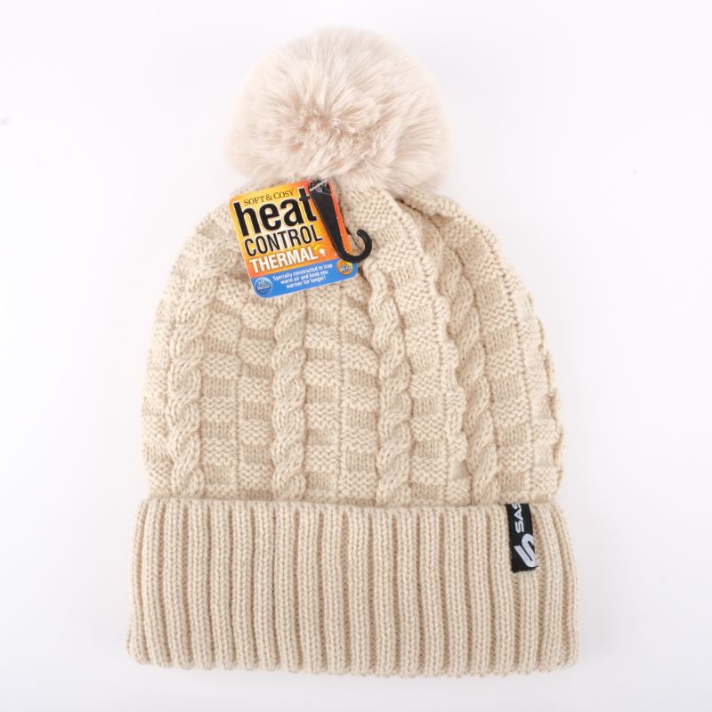 Womens Heat Control Thermal Lined Pom Pom Cable Knit Beanie - One Size Fits Most