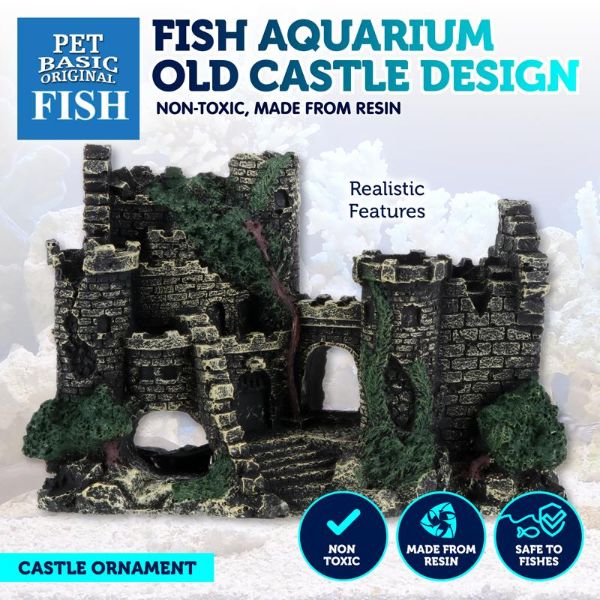 Fish Aquarium Old Castle Design Ornament - 19.5cm x 9.5cm x 15cm