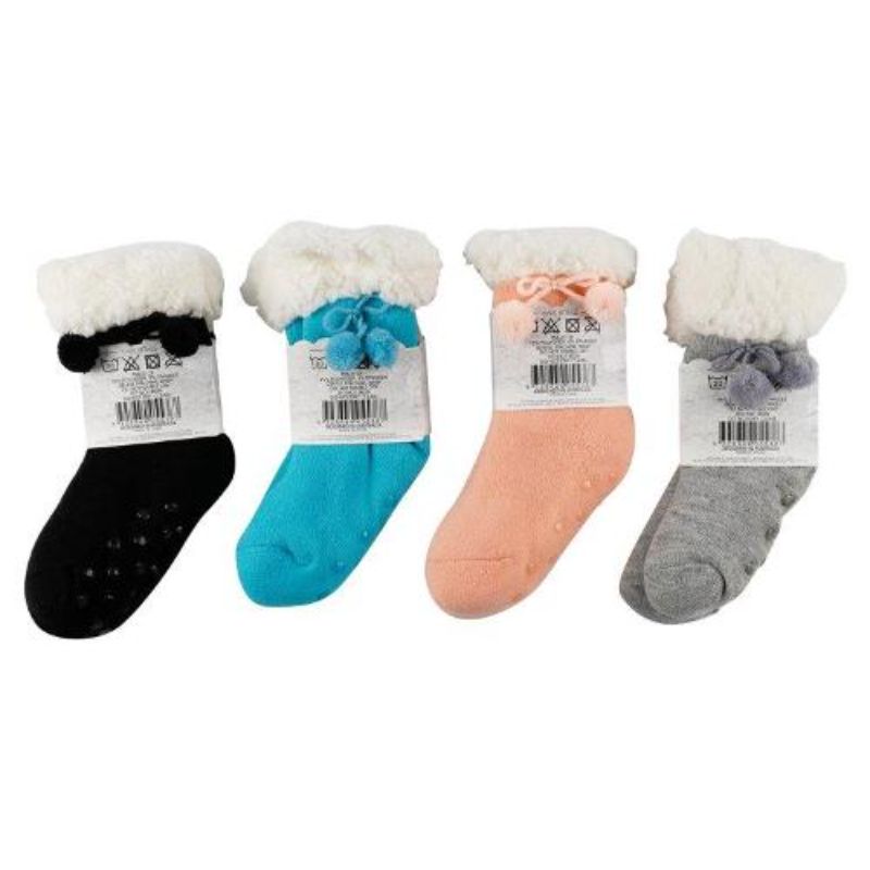 Girls Winter Sherpa Socks with Pompom and Anti Slip Grip - 4-7