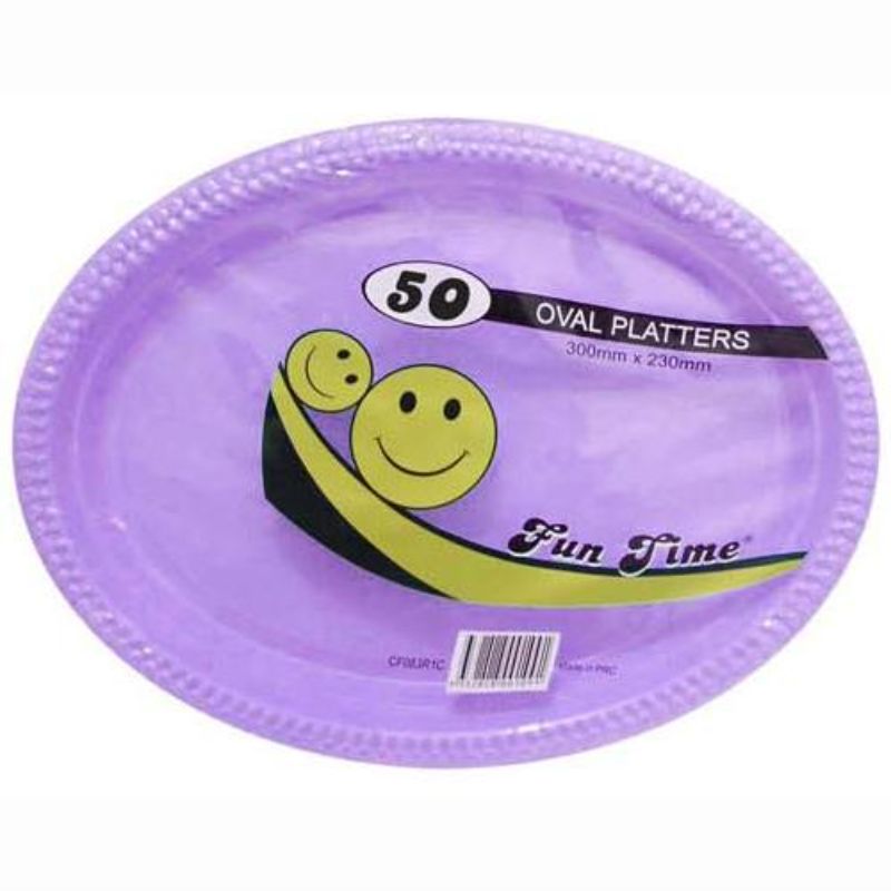 50 Pack Plastic Colour Oval Plates - 30cm x 23cm