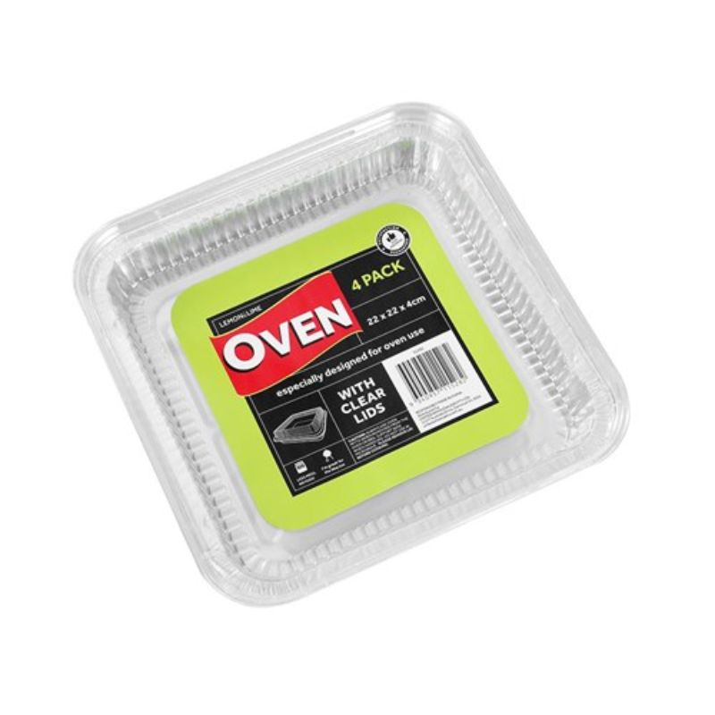 4 Pack Foil Tray with Plastic Lid - 22cm x 22cm x 4cm