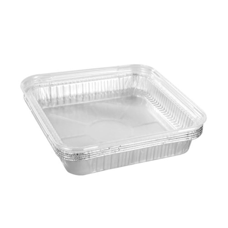 4 Pack Foil Tray with Plastic Lid - 22cm x 22cm x 4cm