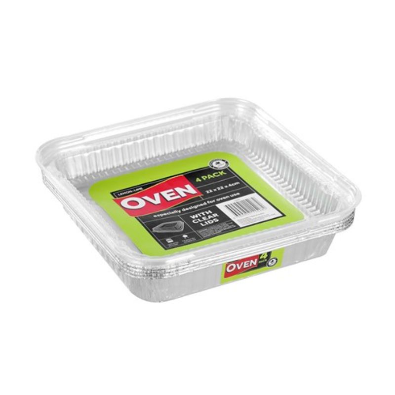 4 Pack Foil Tray with Plastic Lid - 22cm x 22cm x 4cm