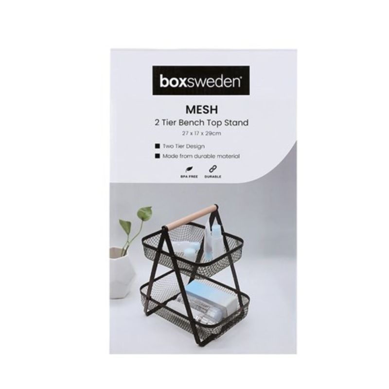 Boxsweden Black Mesh 2 Tier Bench Top Stand with Wooden Handle - 27cm x 17cm x 29cm