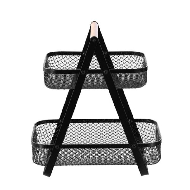 Boxsweden Black Mesh 2 Tier Bench Top Stand with Wooden Handle - 27cm x 17cm x 29cm