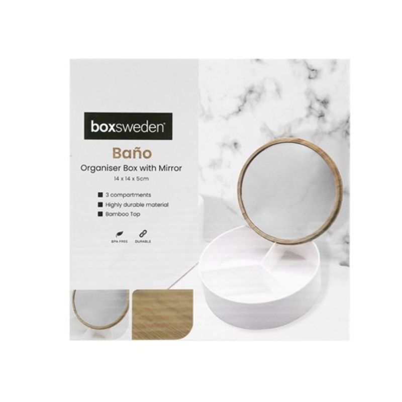 Boxsweden Bano White Round Organiser Box with Mirror Bamboo Top - 14cm x 14cm x 5cm