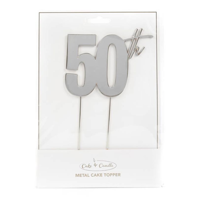 Silver 50th Metal Cake Topper - 9cm x 11cm