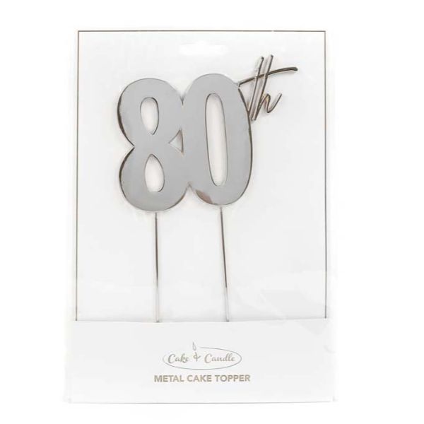 80th Silver Metal Cake Topper - 9cm