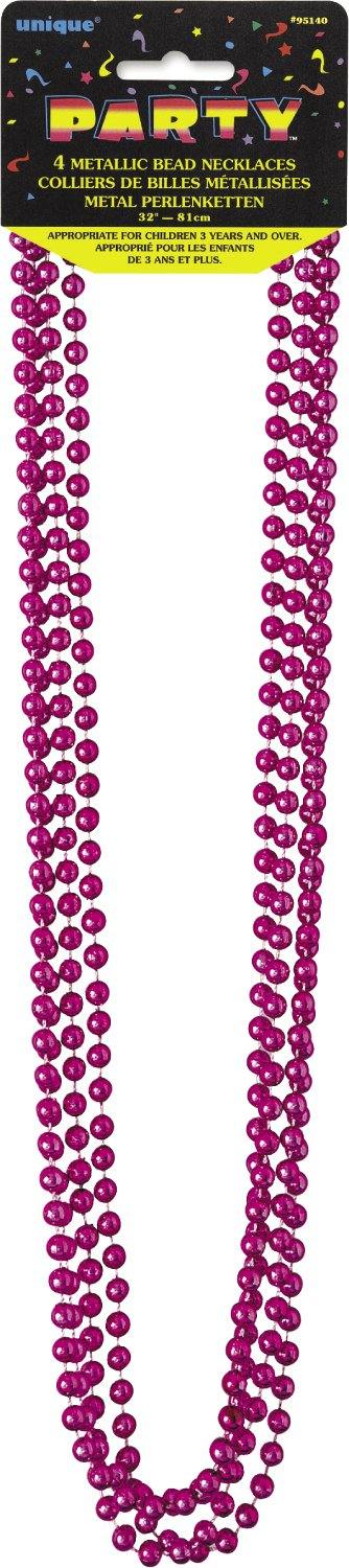 4 Pack Metallic Hot Pink Bead Necklaces - 81cm