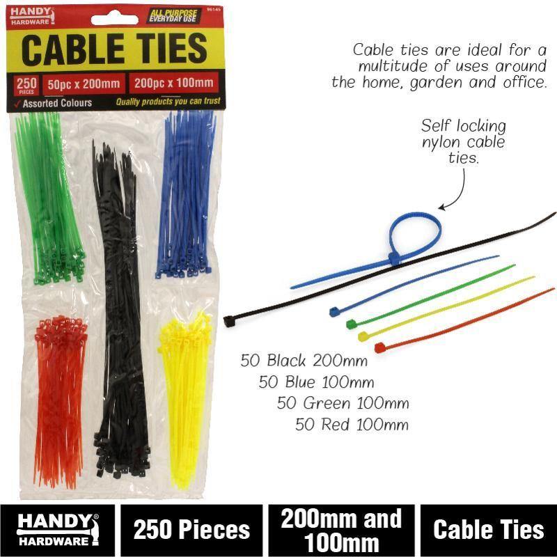 250 Pack Coloured Cable Ties - 200mm & 100mm