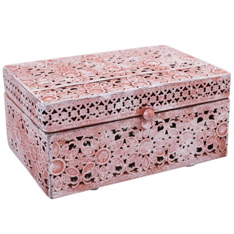 Pink Metal Lace Trinket Box - 15.5cm x 10.5cm x 7.5cm
