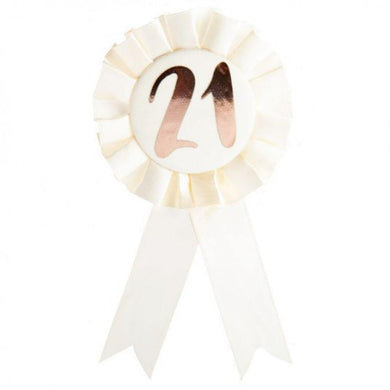21st Birthday Rose Gold on White Rosette Badge - 10cm x 18cm - The Base Warehouse