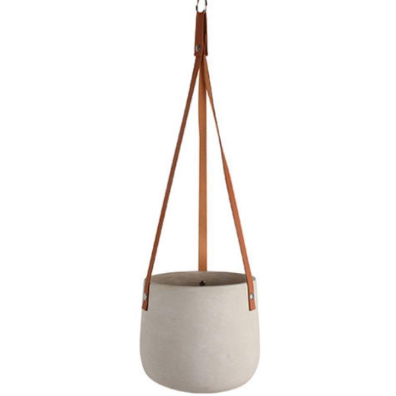 Abiliene Concrete Hanging Pot with PU Leather Straps - 18cm x 18cm x 15cm