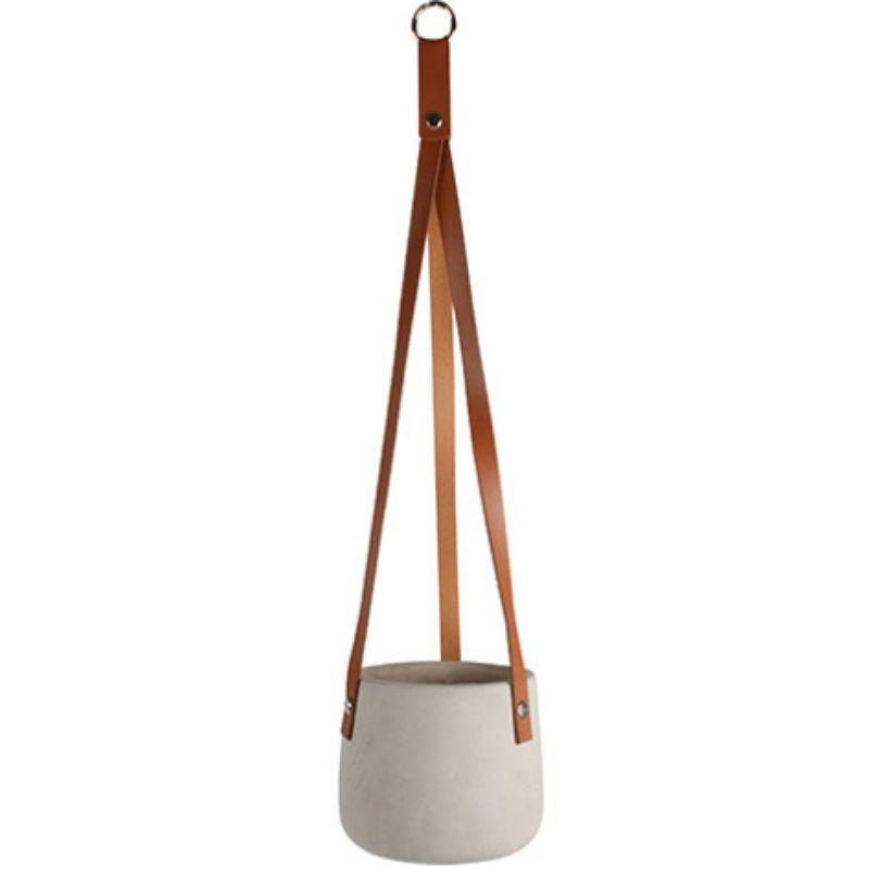 Abiliene Concrete Hanging Pot with PU Leather Straps - 13cm x 13cm x 10cm