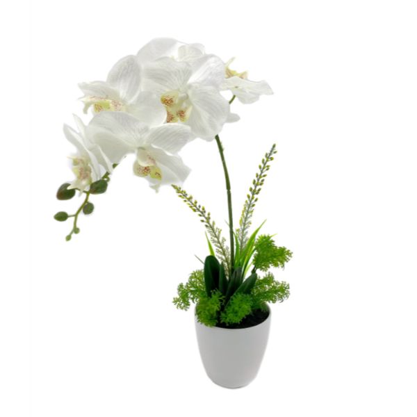 White Artificial One Stem Orchid In Plastic Pot - 46cm