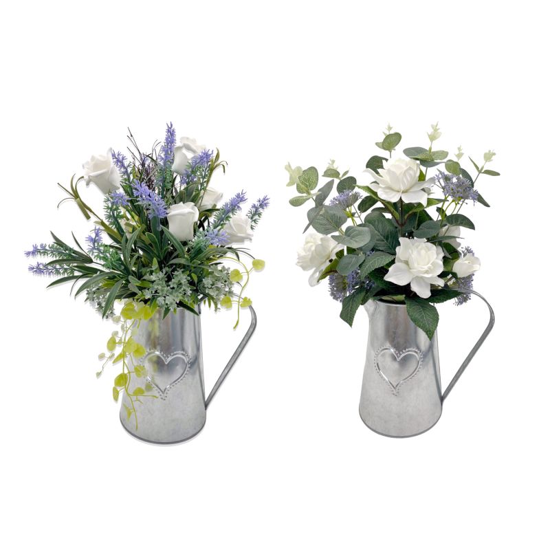 Faux Bouquet Flower in Galvanized Watering Can - 40cm
