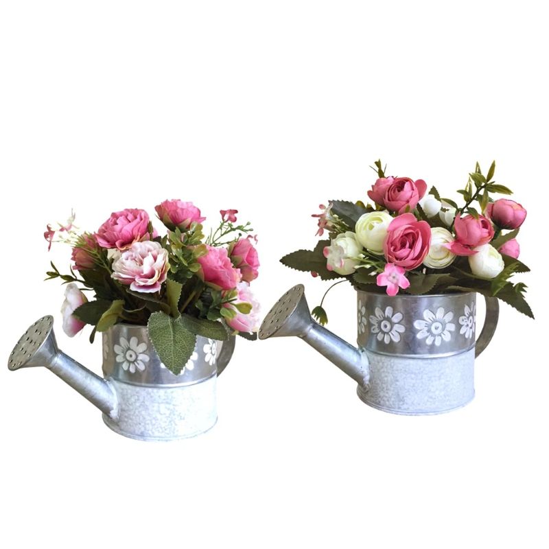 Faux Bouquet Flower in Galvanized Watering Can - 20cm