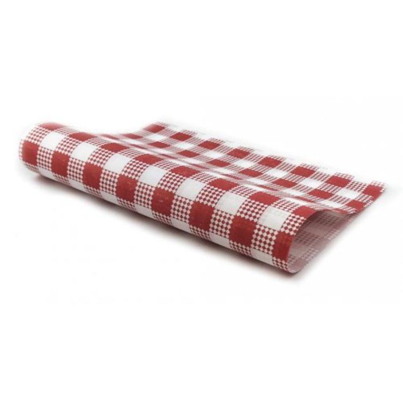 200 Pack Greaseproof Paper Red Check 28gsm 1/2Cut - 400mm x 330mm