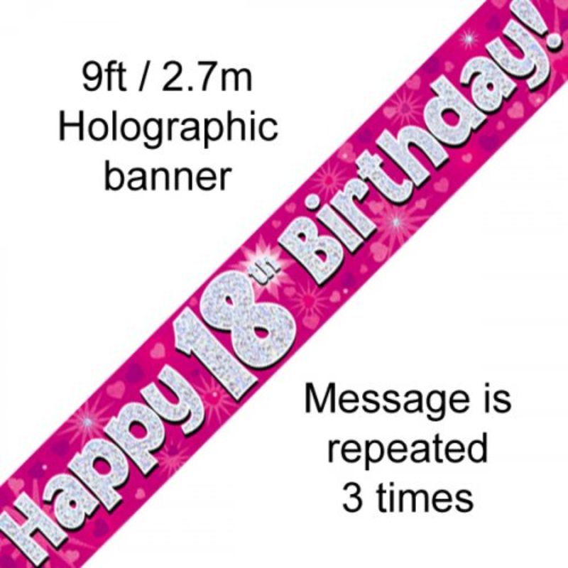 Pink Holographic Happy 18th Birthday Banner - 2.7m