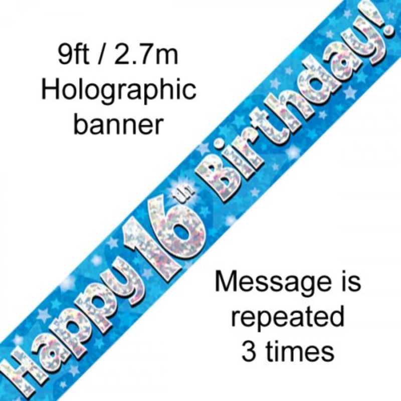 Blue Holographic Happy 16th Birthday Banner - 2.7m