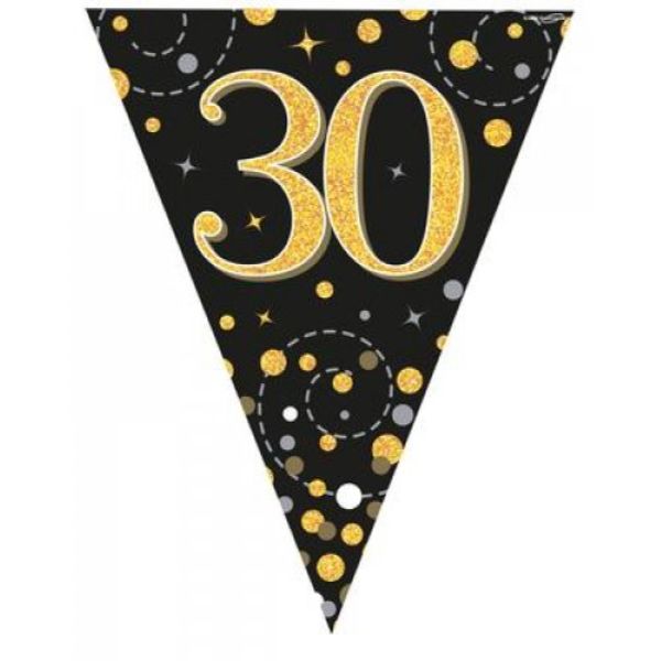 Sparkling Fizz Black & Gold 30th Flag Bunting - 3.9m