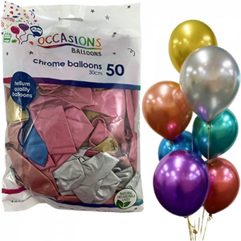 50 Pack Chrome Assorted Colours Latex Balloon - 30cm
