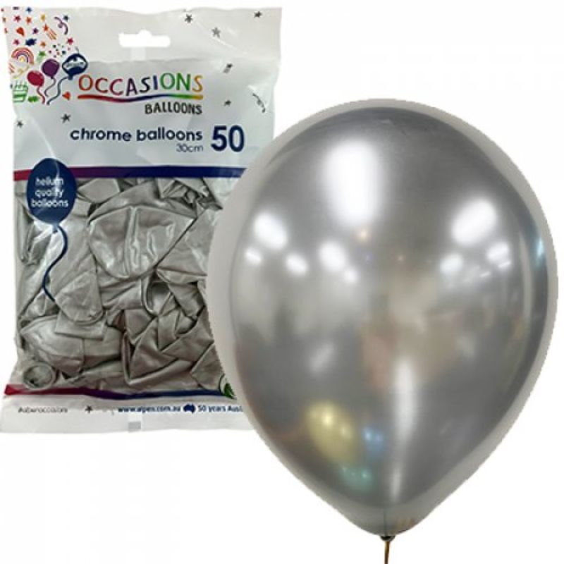 50 Pack Chrome Silver Latex Balloons - 30cm