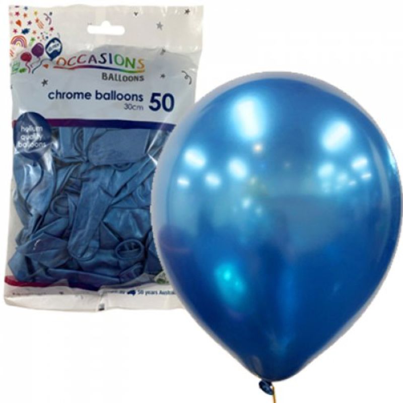 50 Pack Chrome Blue Latex Balloons - 30cm