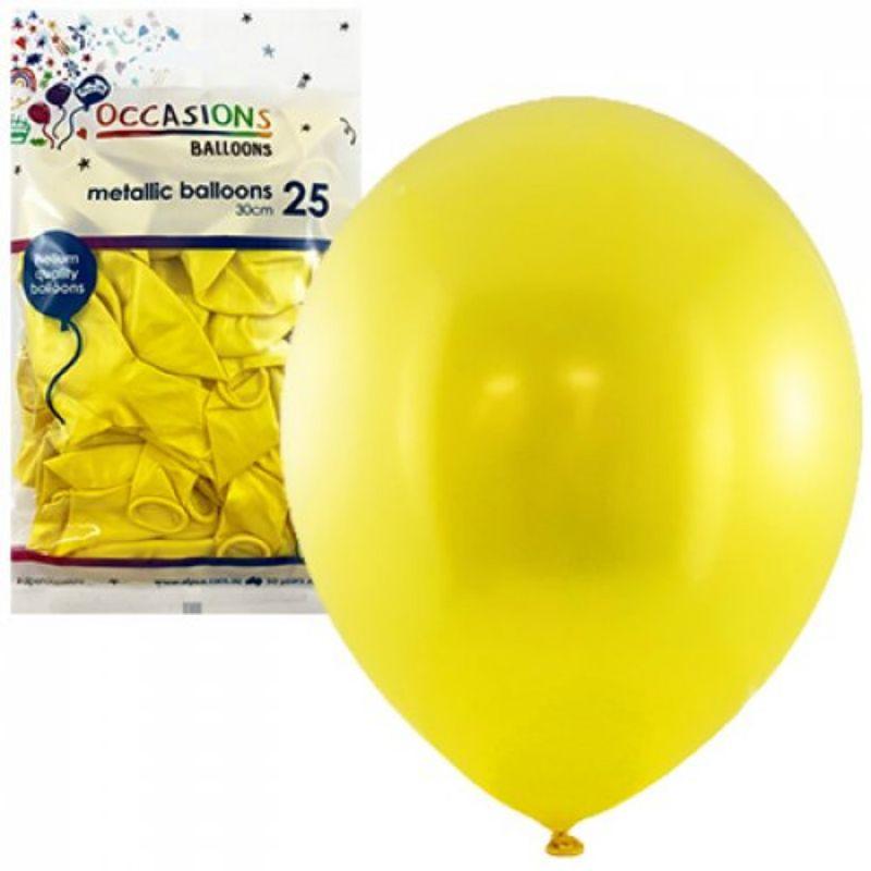 25 Pack Metallic Yellow Latex Balloons - 30cm