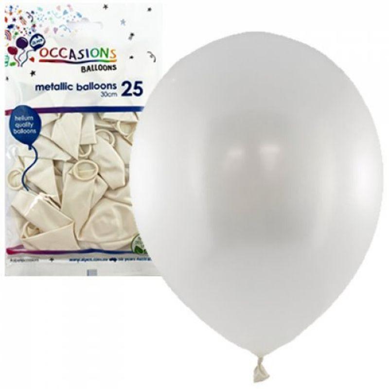 25 Pack Metallic White Latex Balloons - 30cm