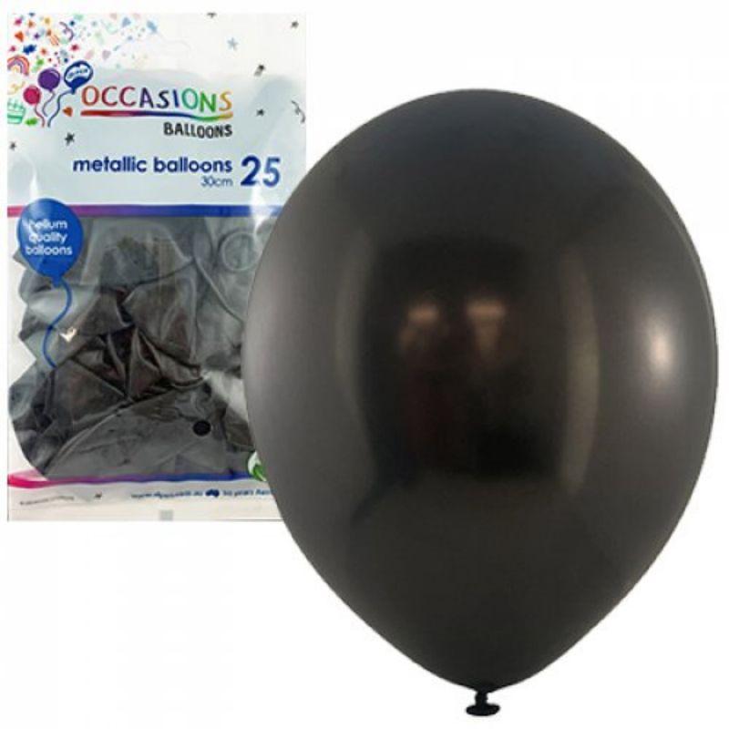 25 Pack Metallic Black Latex Balloons - 30cm