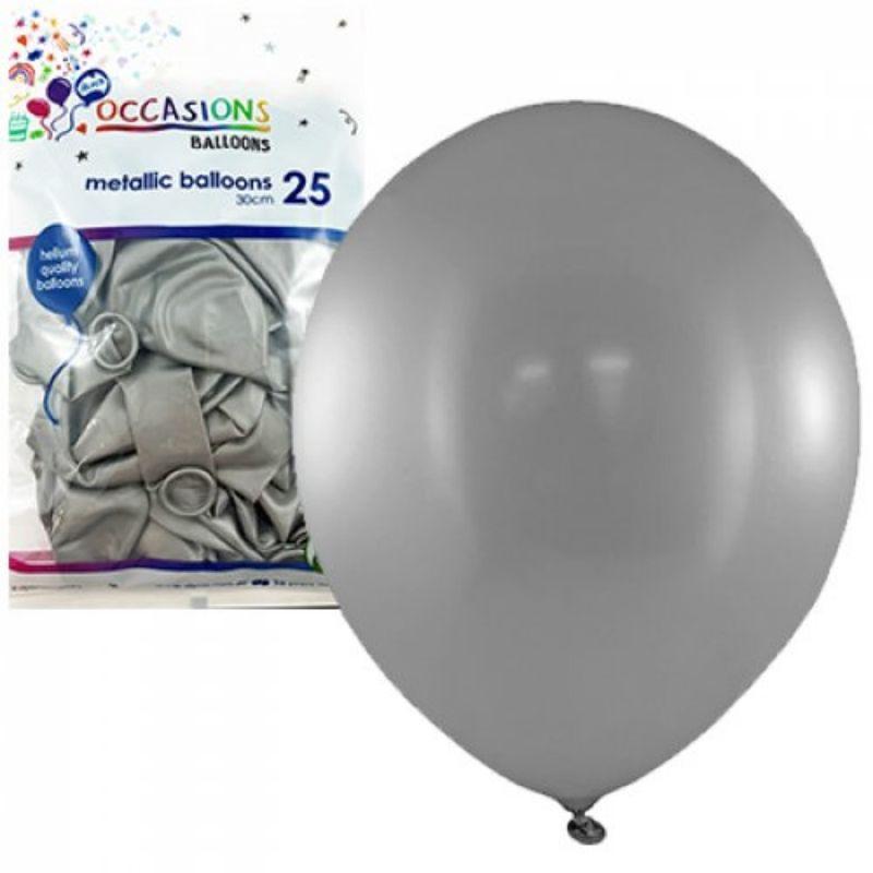 25 Pack Metallic Silver Latex Balloons - 30cm