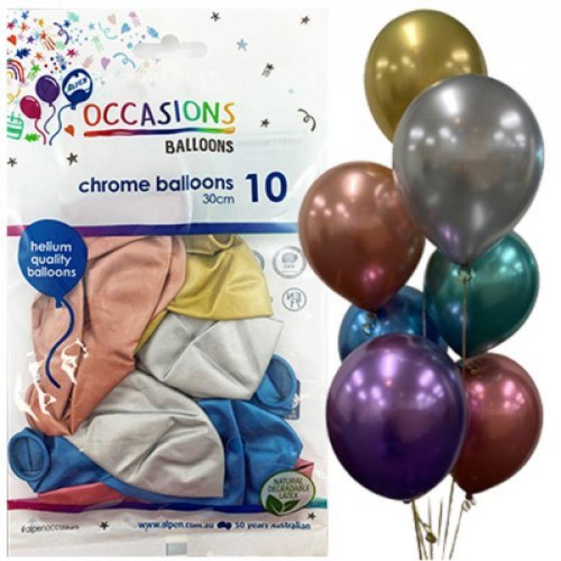 10 Pack Chrome Assorted Colours Latex Balloons - 30cm