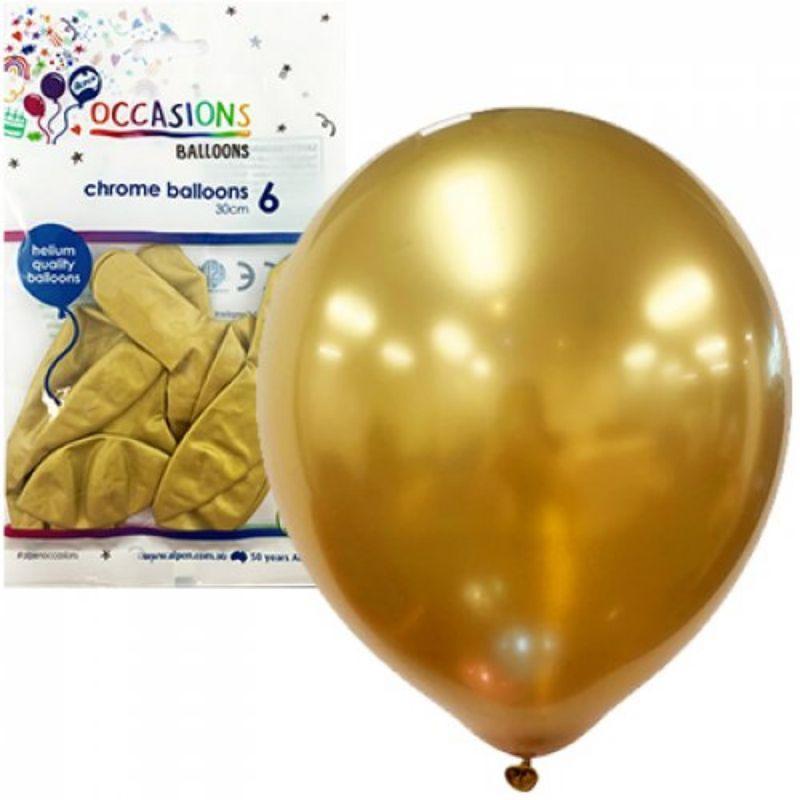 6 Pack Chrome Gold Latex Balloons - 30cm