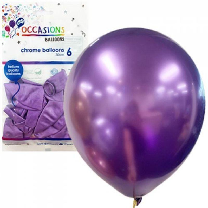 6 Pack Chrome Purple Latex Balloons - 30cm