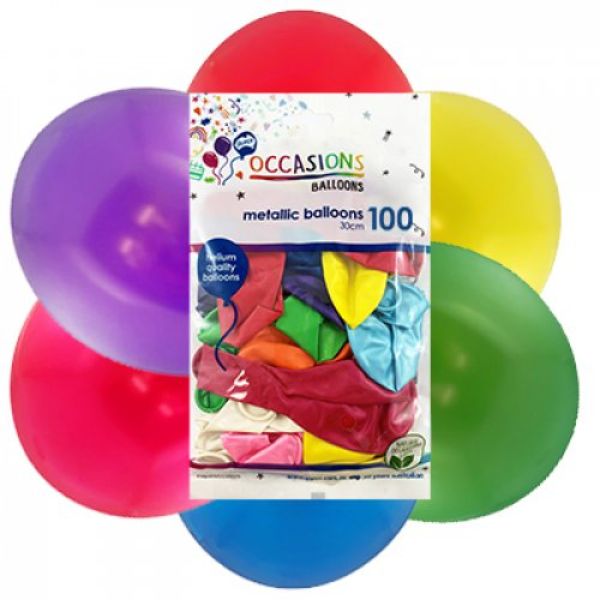100 Pack Metallic Assorted Latex Balloons - 30cm