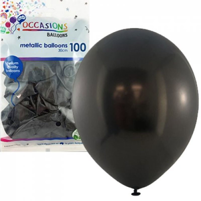 100 Pack Metallic Black Latex Balloons - 30cm
