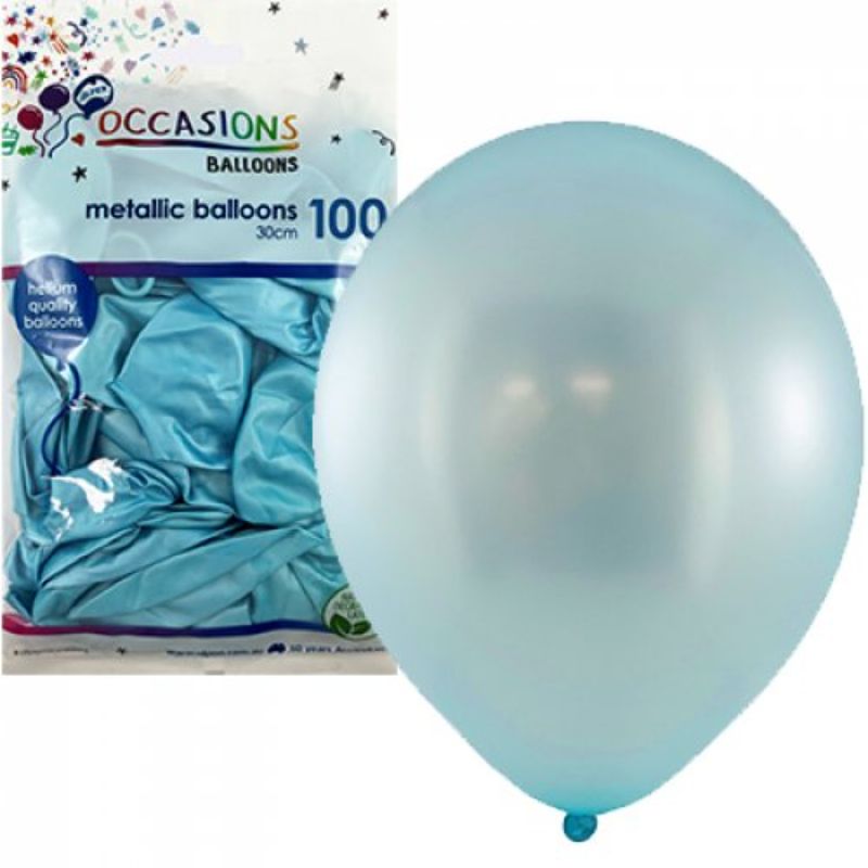 100 Pack Metallic Light Blue Latex Balloons - 30cm