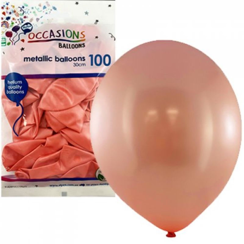 100 Pack Metallic Rose Gold Latex Balloons - 30cm