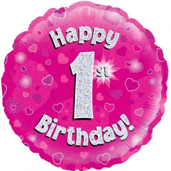 Pink Round Holographic Happy 1st Birthday Foil Balloon - 45cm