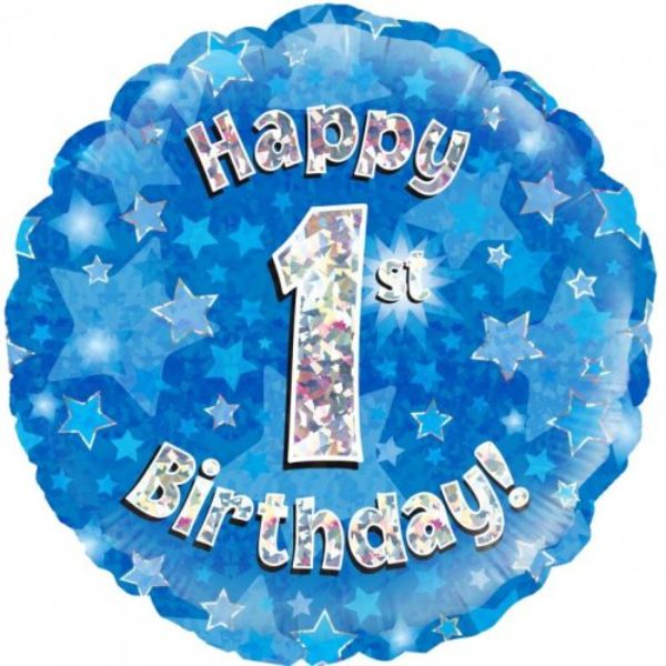 Blue Round Holographic Happy 1st Birthday Foil Balloon - 45cm