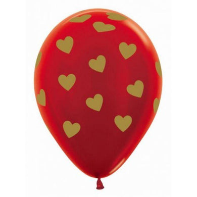 Classic Red Balloon with Metallic Gold Hearts Latex Balloon - 30cm - The Base Warehouse