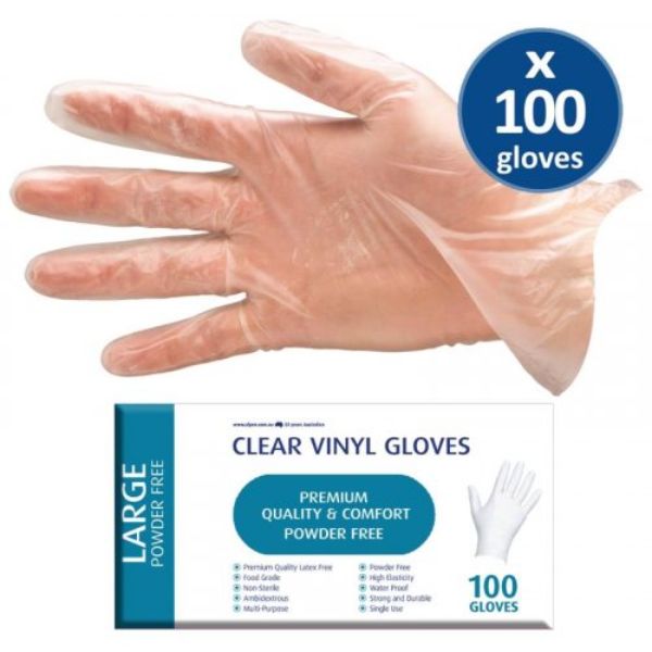 100 Pack Clear Vinyl Powder Free Disposable Gloves - Large