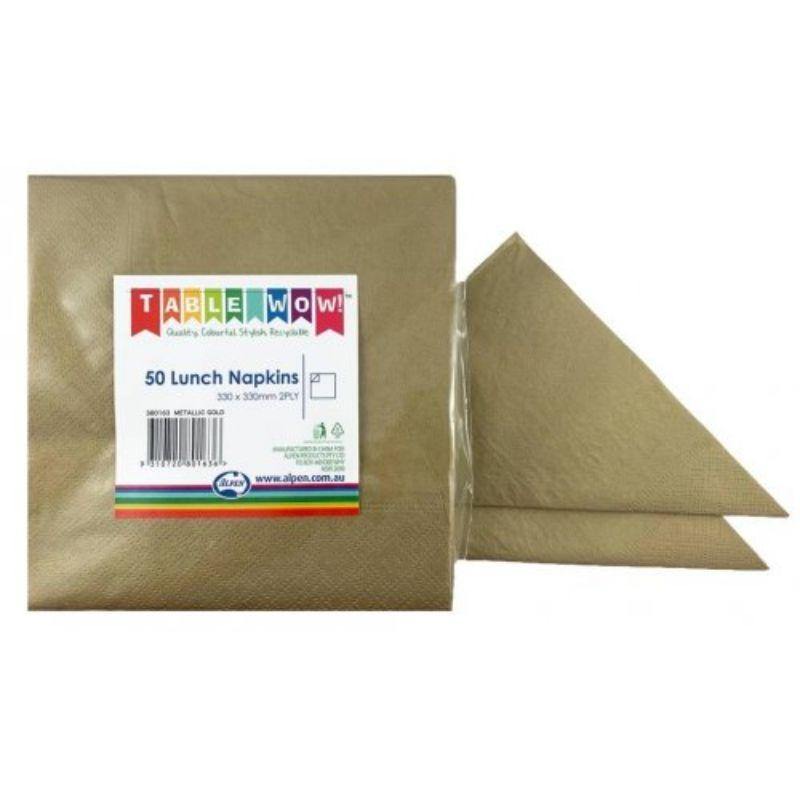 50 Pack Metallic Gold Lunch Napkins - 33cm x 33cm - The Base Warehouse