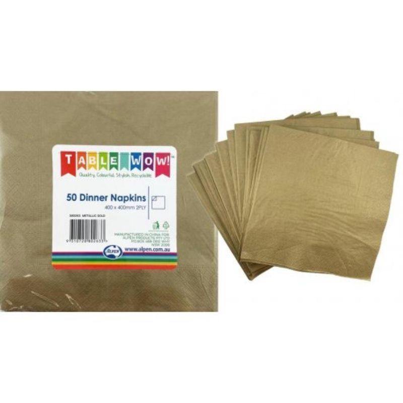 50 Pack Metallic Gold Dinner Napkins - 40cm x 40cm - The Base Warehouse